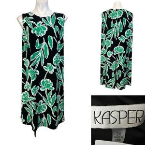 Kasper dress plus size 2x Black Green‎ Floral swing knee length office spring